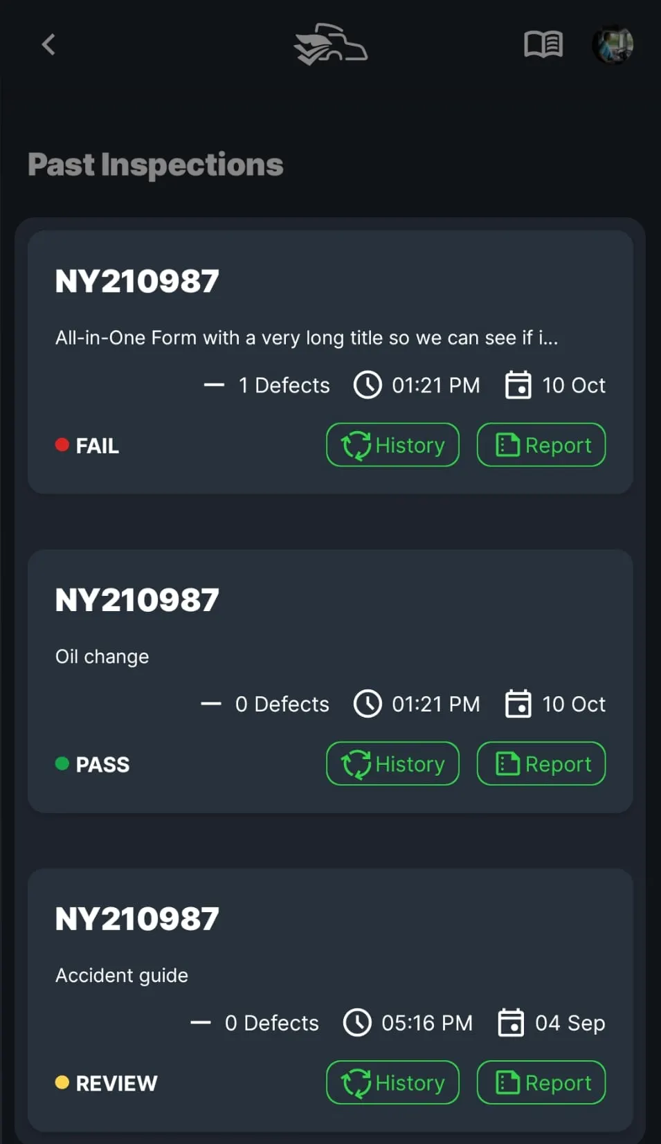 Driver app, Past Inspections: three inspections for one truck, one failed with a defect, one passed and one in review, each with History and Report buttons.