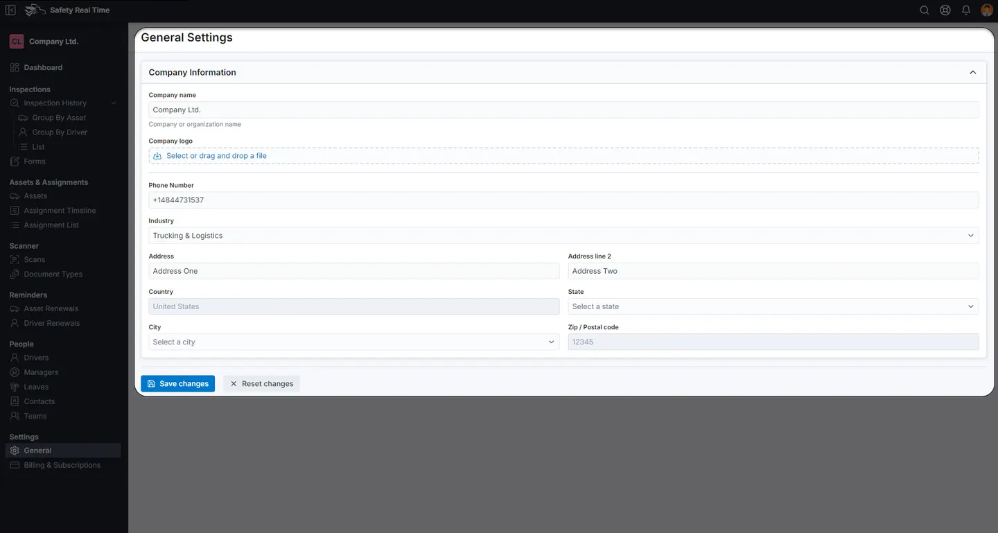 General Settings page with the company name, logo, phone, industry and address fields and Save changes.