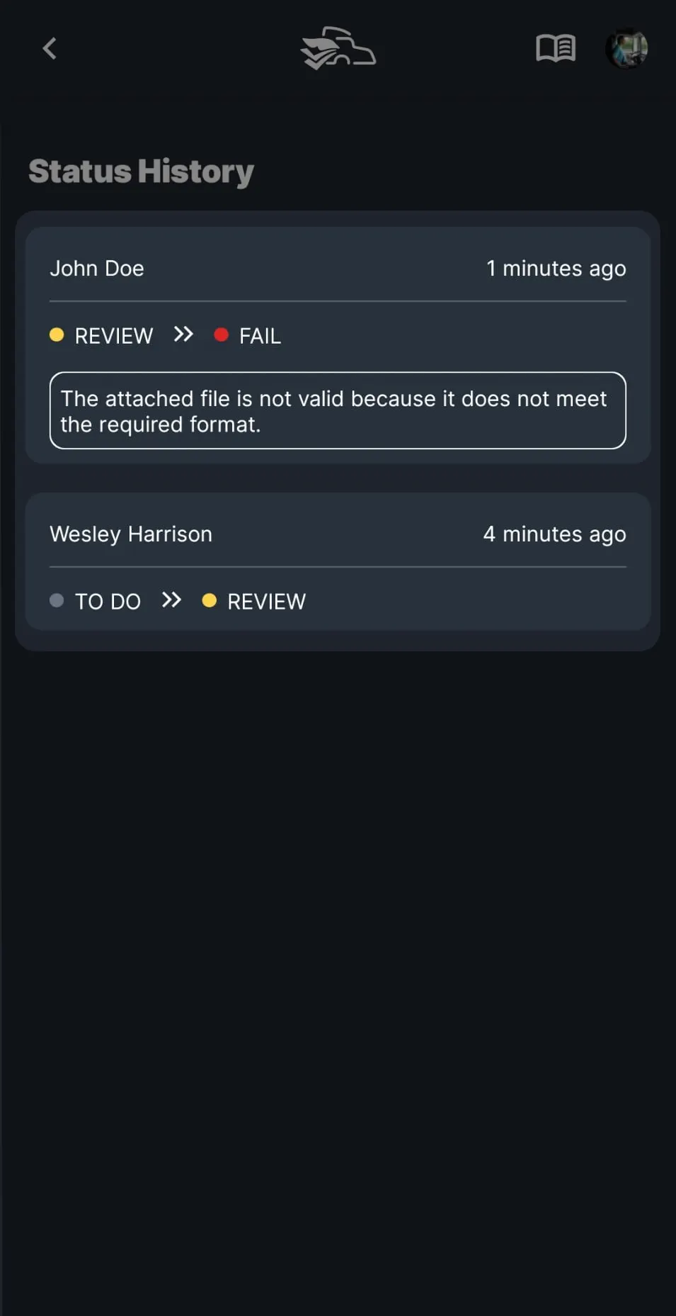 Driver app Status History: one entry moves an inspection from Review to Fail with a note, another from To Do to Review, each with who and when.